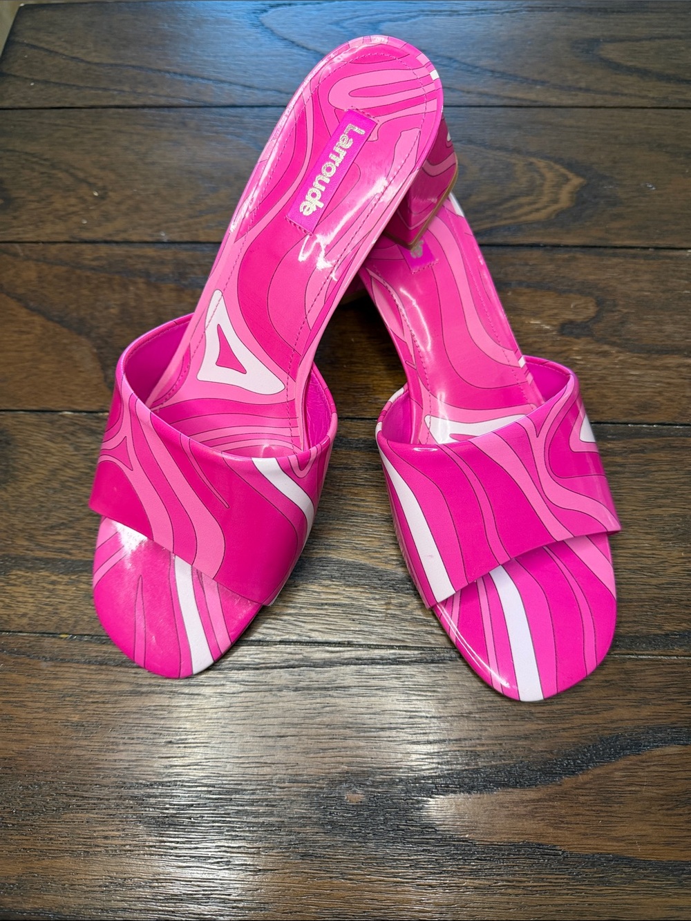 Larroude Brigitte Patent Leather Pink White 70s Retro Block Heel Mules Size 9.5